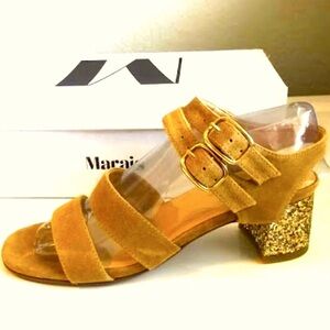 NWT For Love & Lemons MARAIS Jardin Gold Jewel Heel Suede Sandal 7.5 MSRP $275